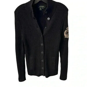 Lauren Ralph Lauren Womens Navy Blue Button Front Cardigan Embroidered Logo Sz M